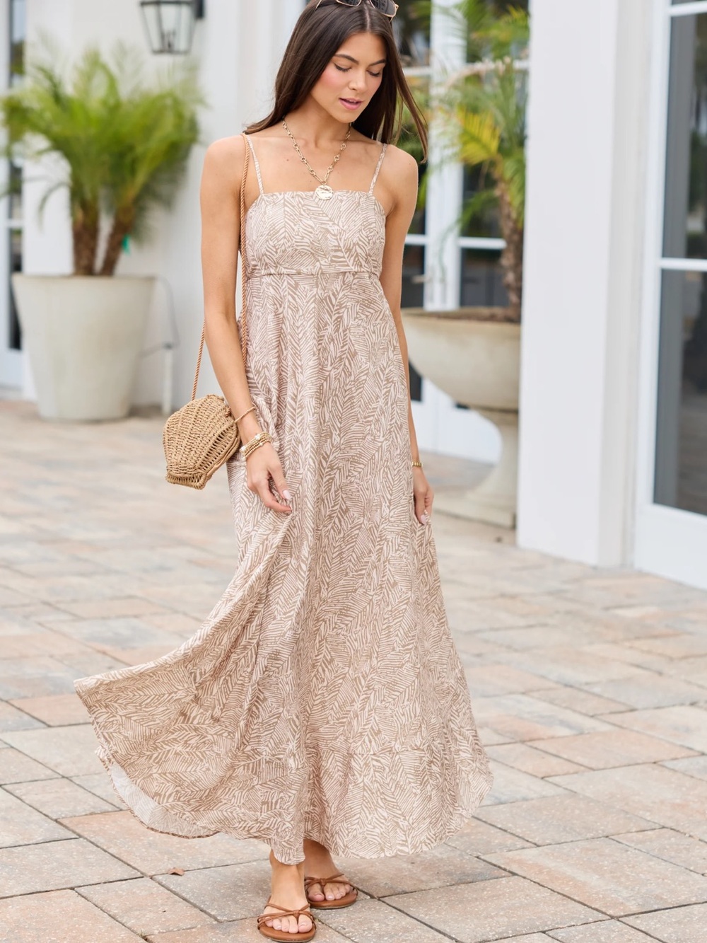 Spaghetti Strap Printed Maxi Dress in Beige